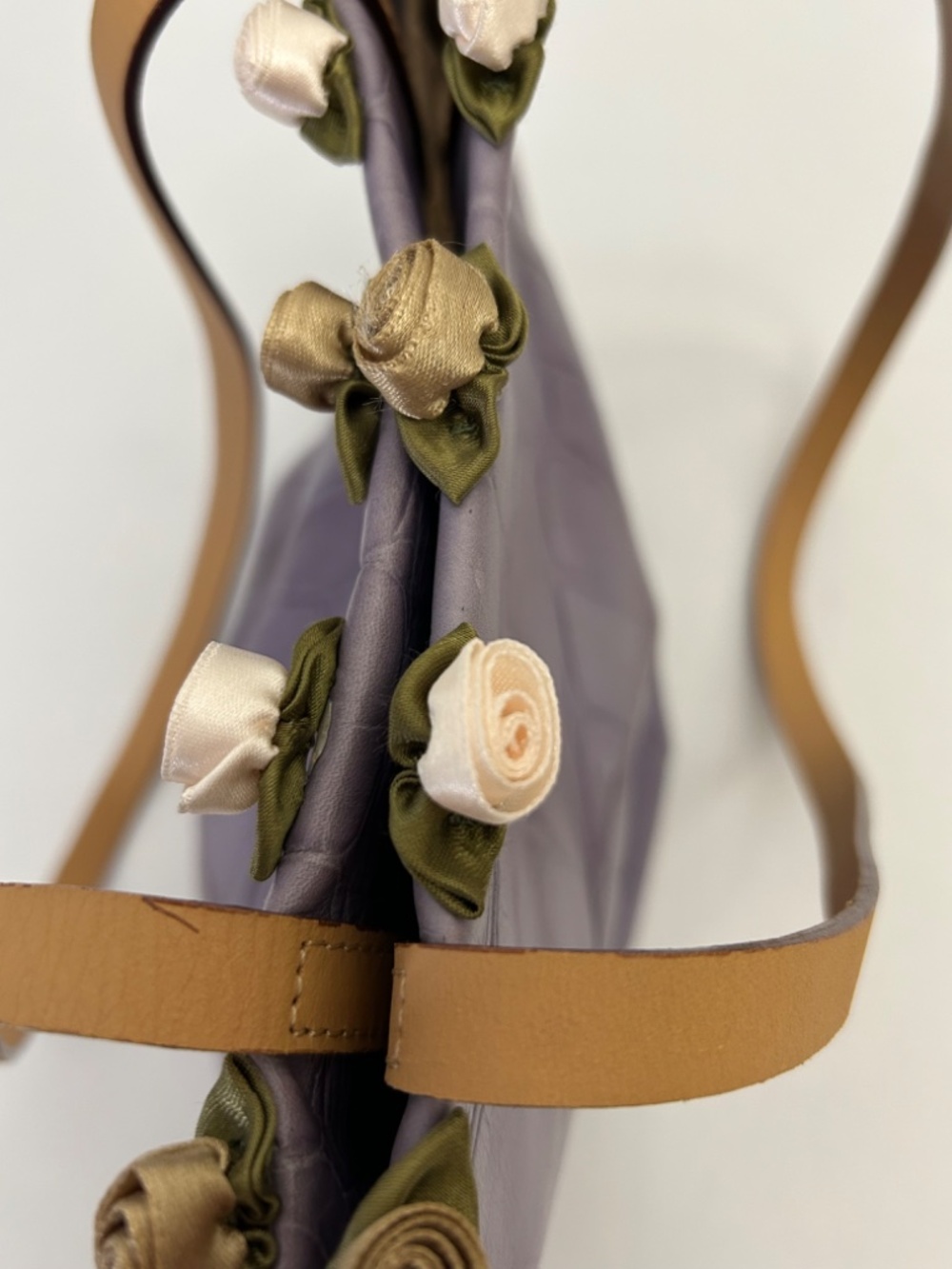 Falor-Le Borse Lavender Italian Leather Crock Embossed Tote with Floral Rosettes - Picture 10 of 16
